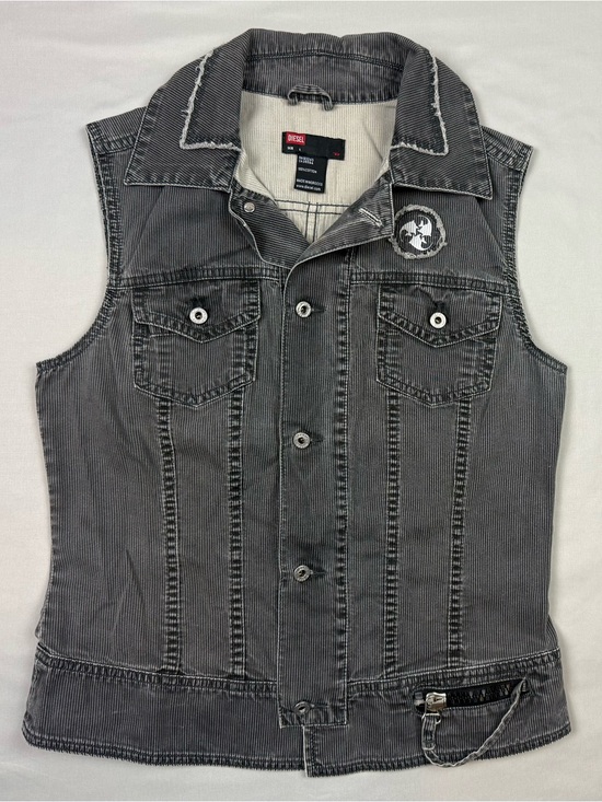 Diesel Jackets & Blazers - Vtg Y2K Diesel Womens Corduroy Vest Sz Large Slim Fit Grey Grunge Button Up B9